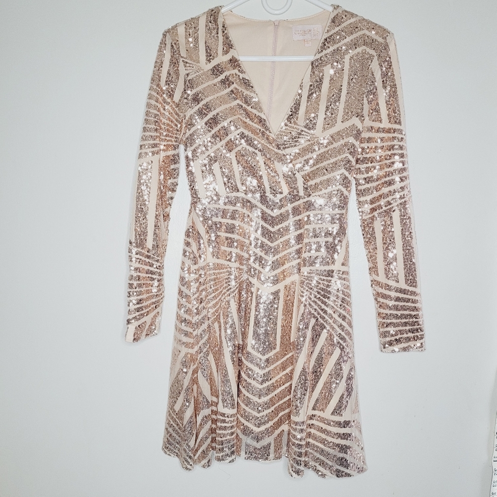 Club L London Dress Mini Sequin Size  4 Champagne Sequined Deep V-Neck A-Line